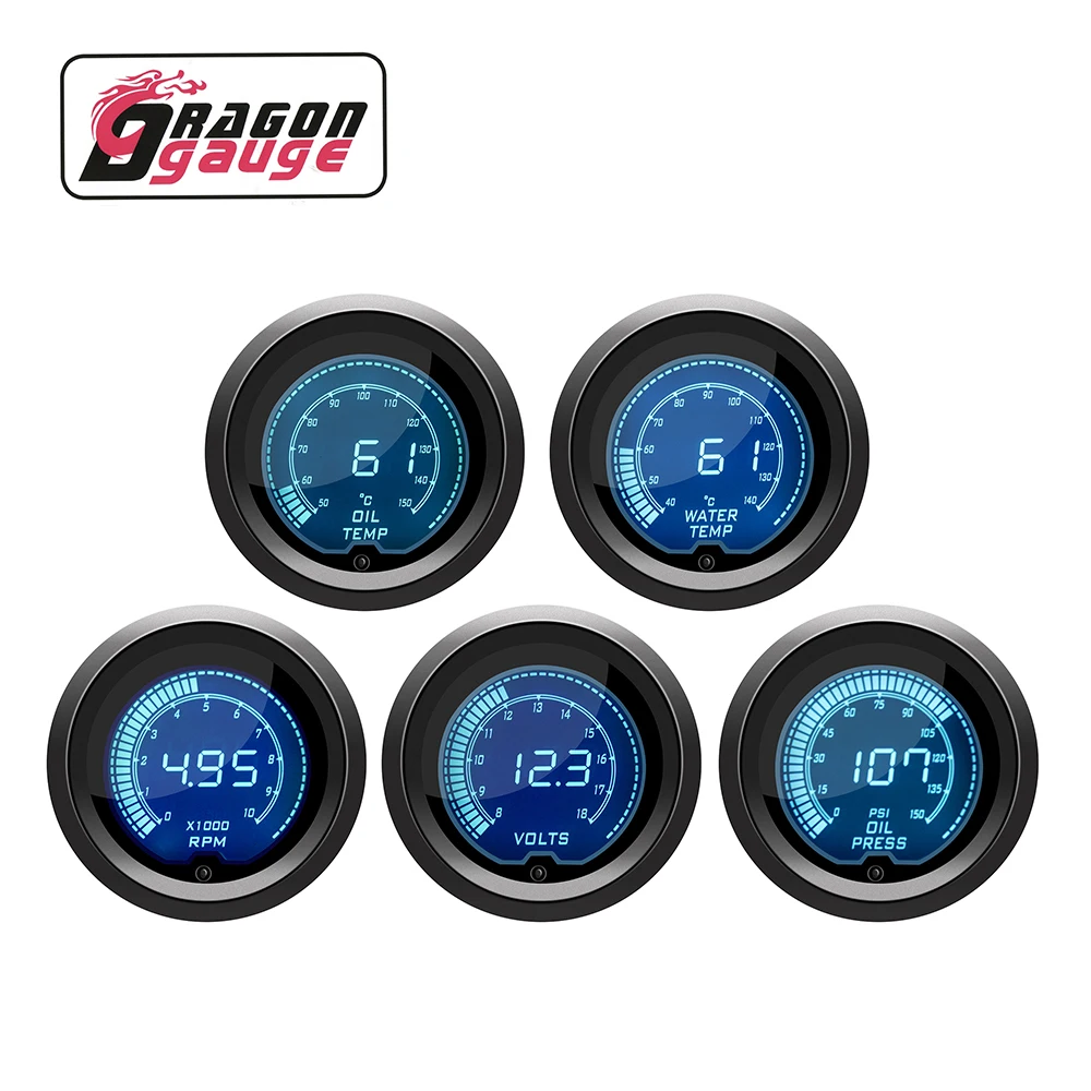 「DRAGON」 52mm Tachometer Voltage Water Temp Oil Temp Oil Press LED Digital Display 7 Colors Change Car Gauge Fit for 12V Car