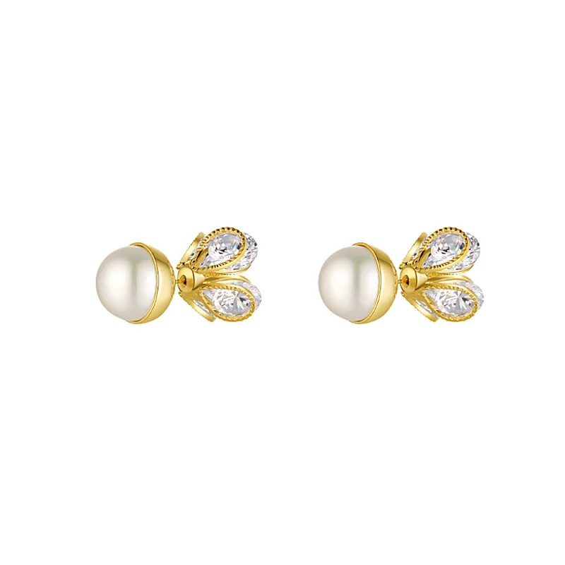 

LOVOACC Temperament Bling Rhinestone Flower Earrings for Women Gold Color Alloy Oversize Faux Pearl Stud Earrings Dainty Jewelry
