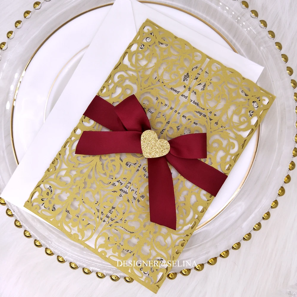 50X элегантная Золотая лазерная резка свадебные пригласительные открытки с