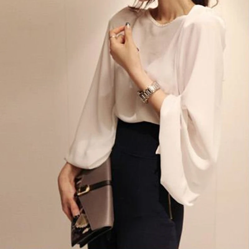 2017 Чистая Белая Блузка Blusa Шифон Женщины Офис Рубашка Puff Длинным Рукавом Блузки