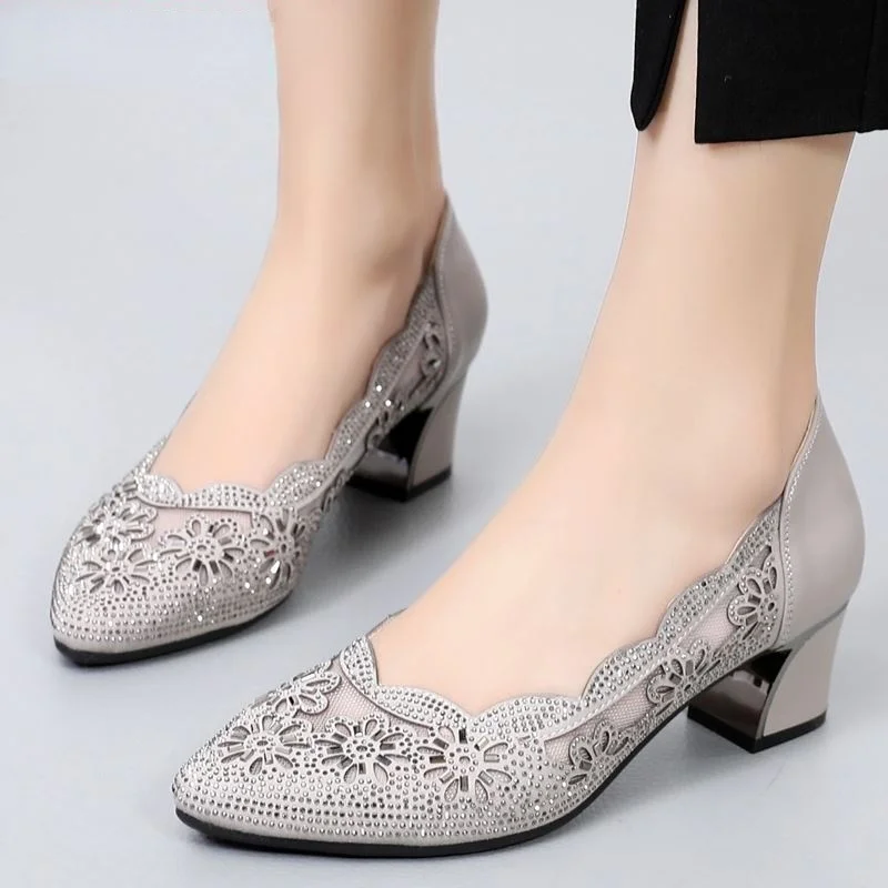 

2021 Summer Fashion Hollow Out Genuine Leather Pumps Women Shoes Med Heels Square Heel Mesh Ladies Office Shoes Crystal AA-90