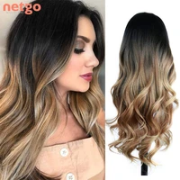 netgo long wavy black brown synthetic wig heat resistant ombre blonde middle part wig for women party cosplay daily wear