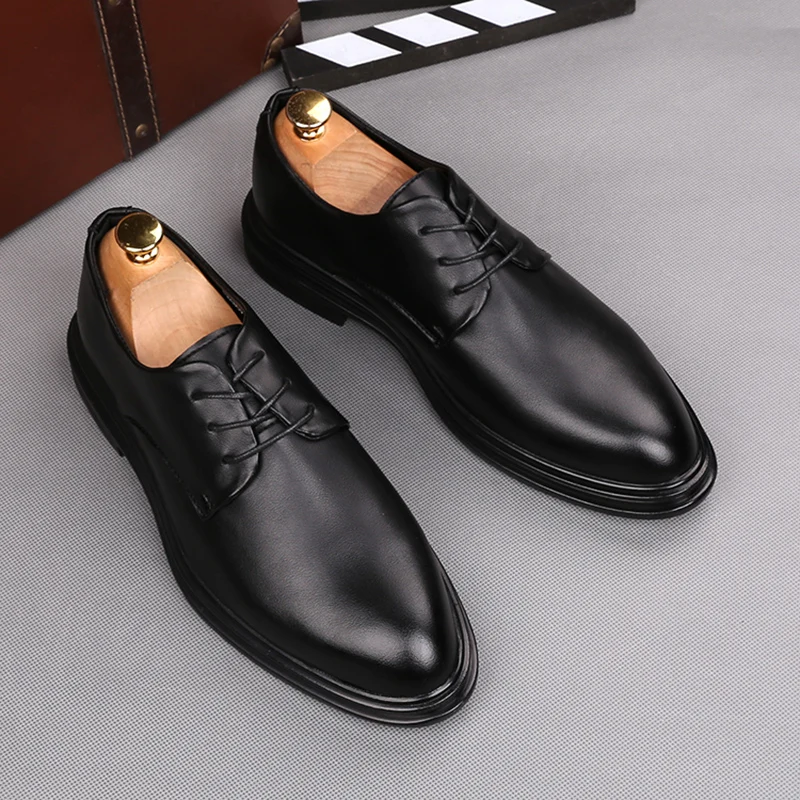 

men casual business office formal dresses natural leather shoes lace-up gentleman black shoe comfortable solid sneakers sapatos