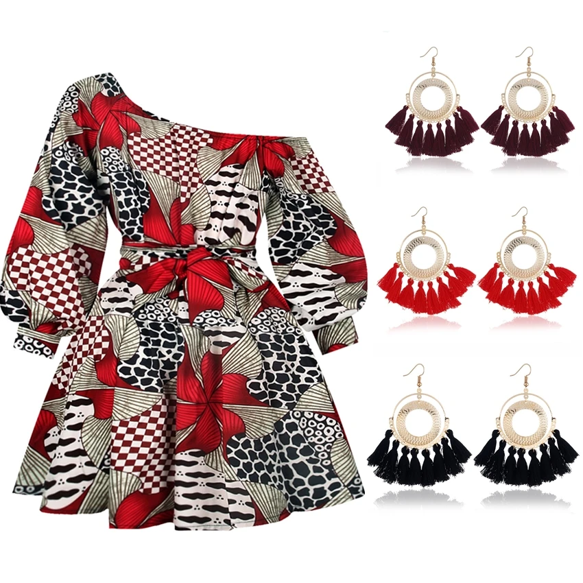 Комплект с серьгами африканская одежда Топ длинным рукавом платья для женщин