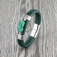 2021 new natural aventurine jade brave lucky jewelry mens bracelet 316l stainless steel green wide leather cord classic bracele