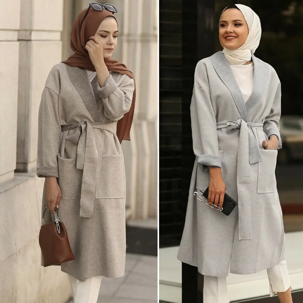 Мусульманское зимнее женское пальто с длинным рукавом из смеси шерсти Тренч