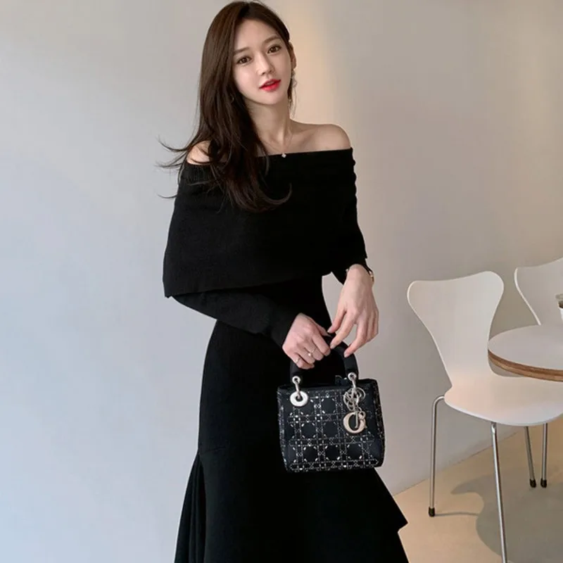 

Autumn winter Sexy Slash Neck Long Sleeve irregular Hem Sweater Dress Slim Waist Elastic Knitted Dresses