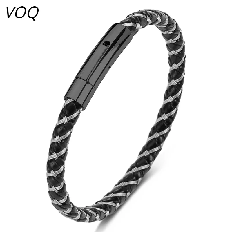 Браслет VOQ из стальной проволоки кожаный шнур мужские браслеты нержавеющей стали