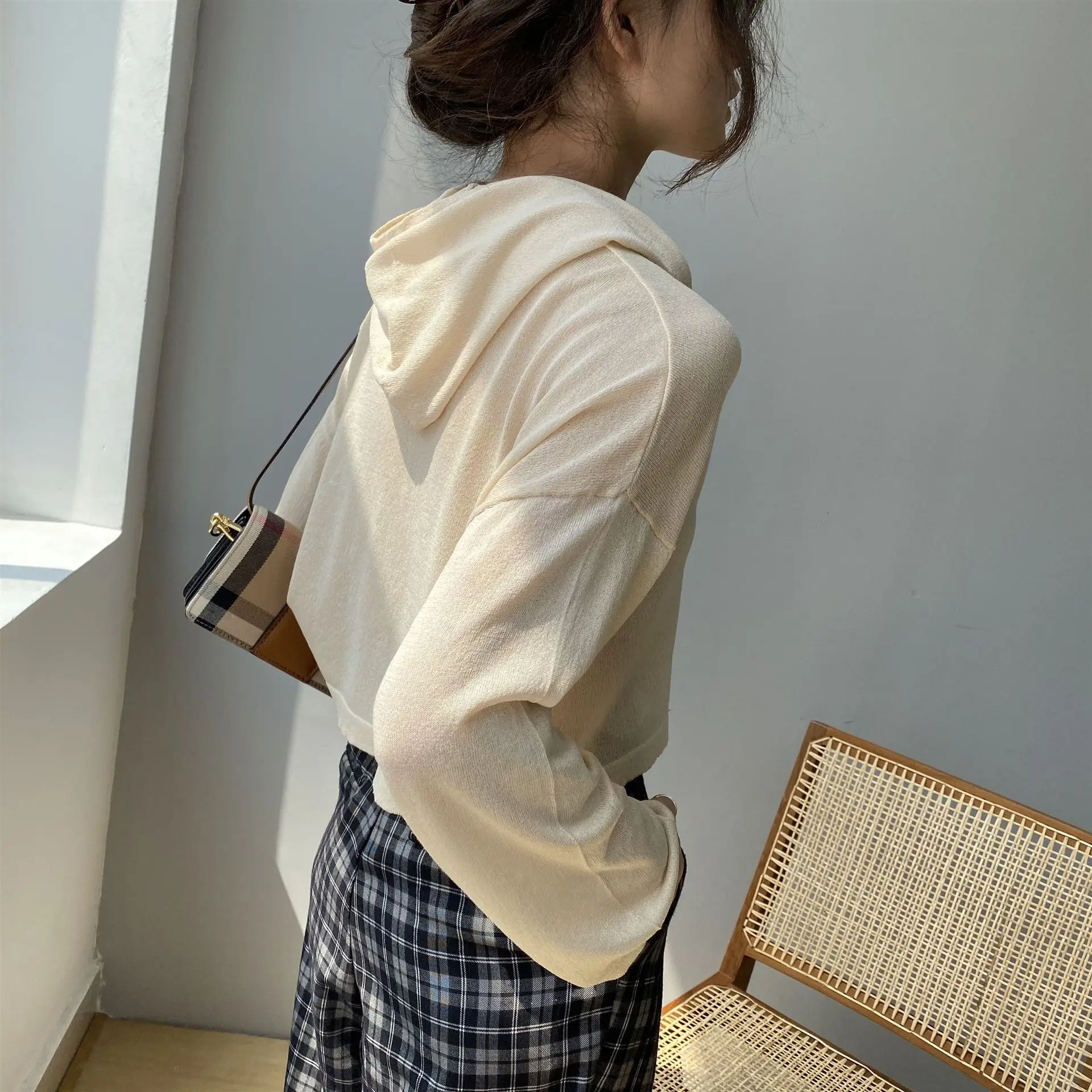 

New Ice Silk Knitted Hooded Sunscreen Jacket Women's Summer Long Sleeve Loose Thin Knitted Sweater Tee Shirt