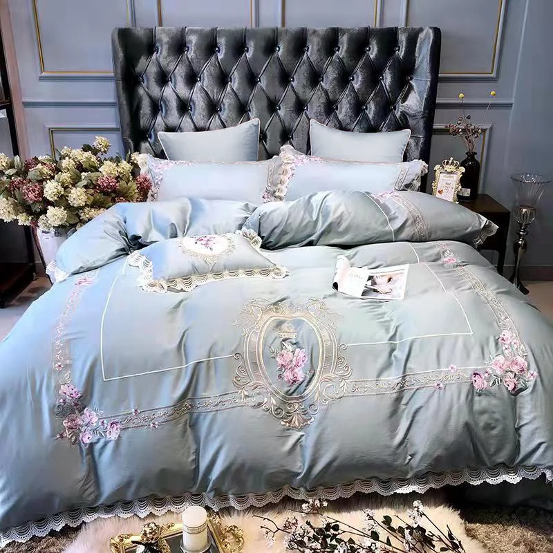 

Egyptian cotton Luxury King Queen size Bedding Set Embroidery duvet covers Classical Blue Pink Bed cover set couvre lit de luxe