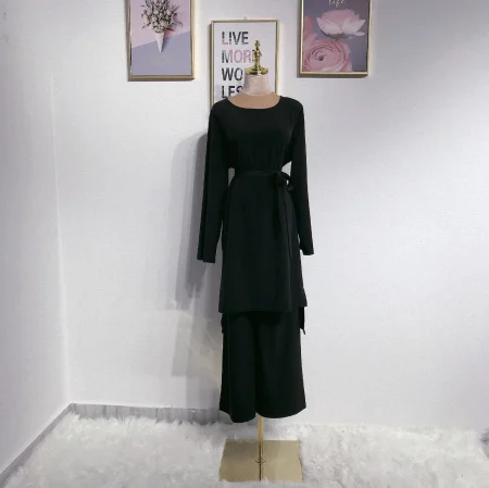 black Мусульманский Топ ансамбль женский 2 шт наборы Pantalon ОАЭ абайя костюмы кимоно длинный катфан Ближний Восток Рамадан Арабский исламский одежда - Цвет: black