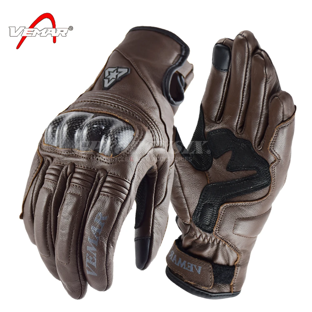 

VEMAR Vintage Leather Motorcycle Racing Glove Guantes Moto Luvas Full Finger Motocross MTB Biker Gloves Touchscreen Knight Glove