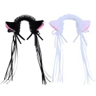 Для женщин со складками для девочек кружево из искусственного шелка оголовье Милый Плюшевый игровой комплекс для кошек ушек, с ленточкой и Ленточки колокол декор и сердечком и повязка на голову, Косплей Аниме Лолита