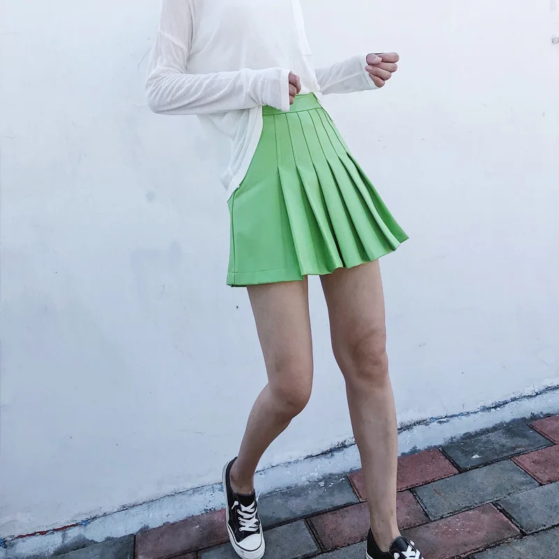 Неоновая зеленая плиссированная мини юбка для женщин с высокой талией короткая