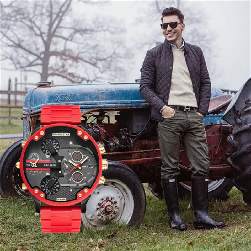 

Relogio Masculino 57mm Large Dial Sports Male Clock Brand Famous Dual Time Luxury Golden Rubber 3D Military Men's Quartz Watch