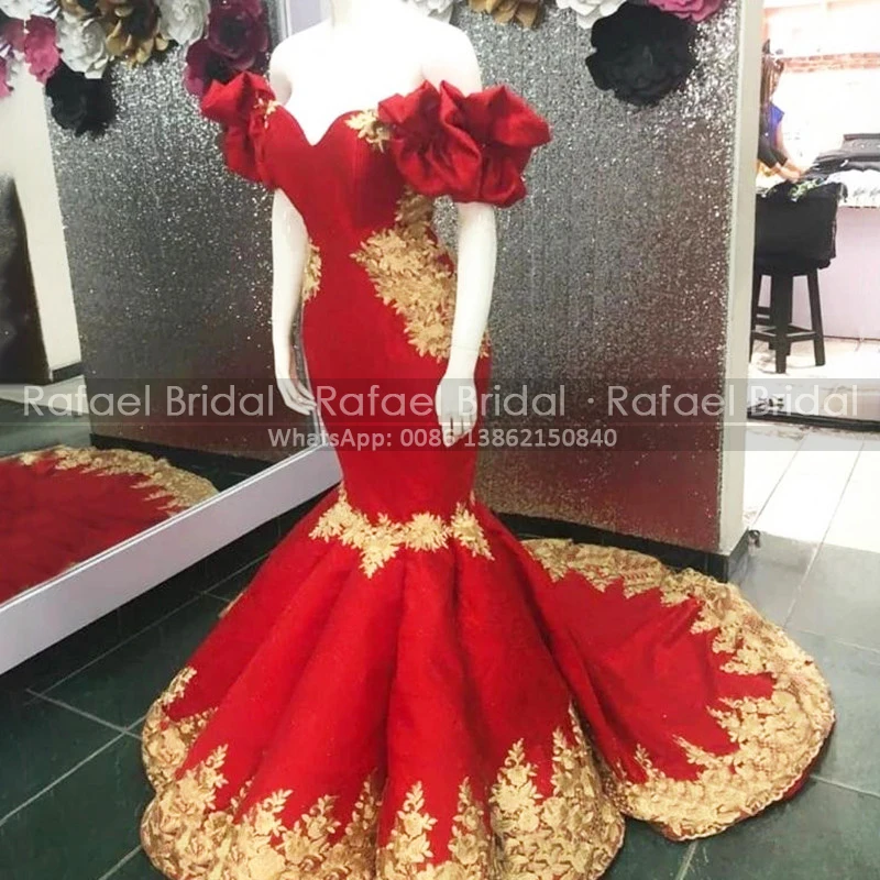 

Exquisite Gold Appliques Red Mermaid Prom Dresses With Puffy Sleeves Off Shoulder Long Train Sweetheart Trumpet Celebrity Gown