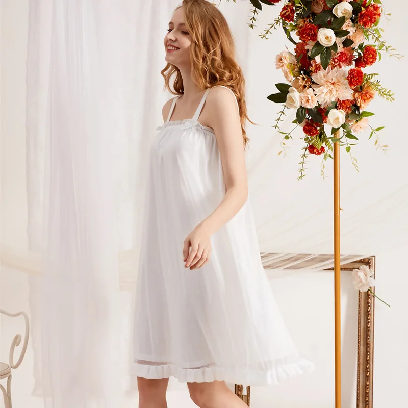 Белая ночная рубашка принцессы на бретельках летняя сексуальная сексуальное