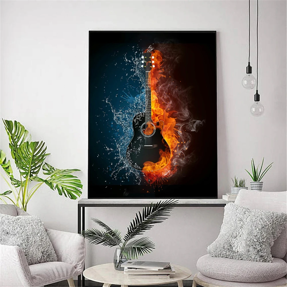 

Abstract Music Guitar Heart Fire Water Wall Poster Modern Style Canvas Print Painting Art Aisle Living Room Unique Decoration