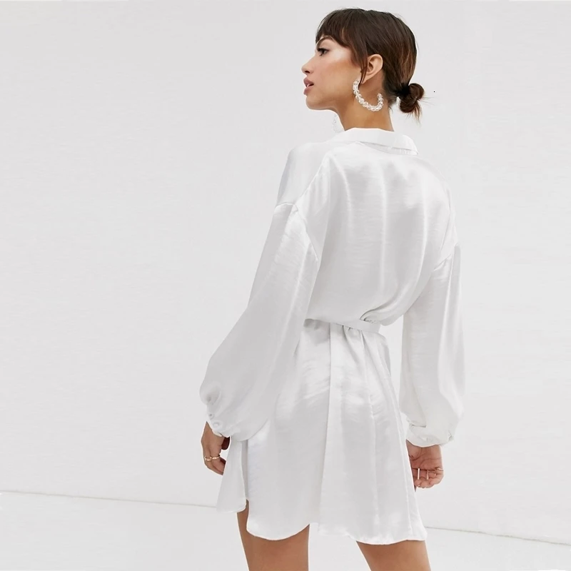 HDY Haoduoyi New Arrival Autumn Fashion Simple Solid Color Shirt Style Lapel Deep V-neck Drop Shoulder Satin Long-sleeved Dress | Женская