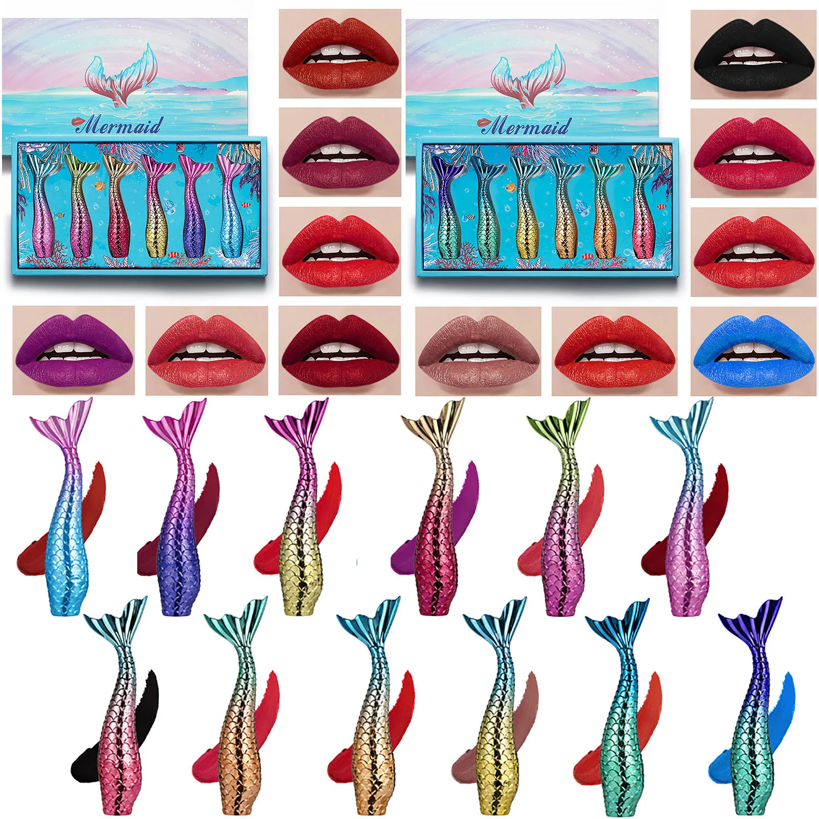 

6 шт./компл. блеск для губ «русалка», матовый антипригарный стакан, стойкая антивыцветающая глазурь для губ, набор из 12 цветов, помада, глазур...