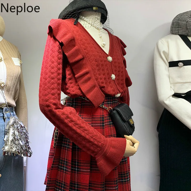 Neploe V образным вырезом с длинным рукавом вязаный однобортный Pull Femme пальто осень