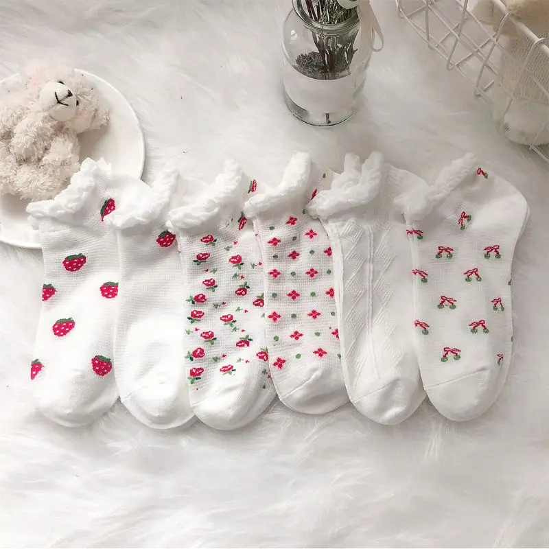 

Женские кружевные носки-топы в японском стиле, милые жаккардовые летние белые хлопковые короткие Чулочные изделия с изображением клубники,...