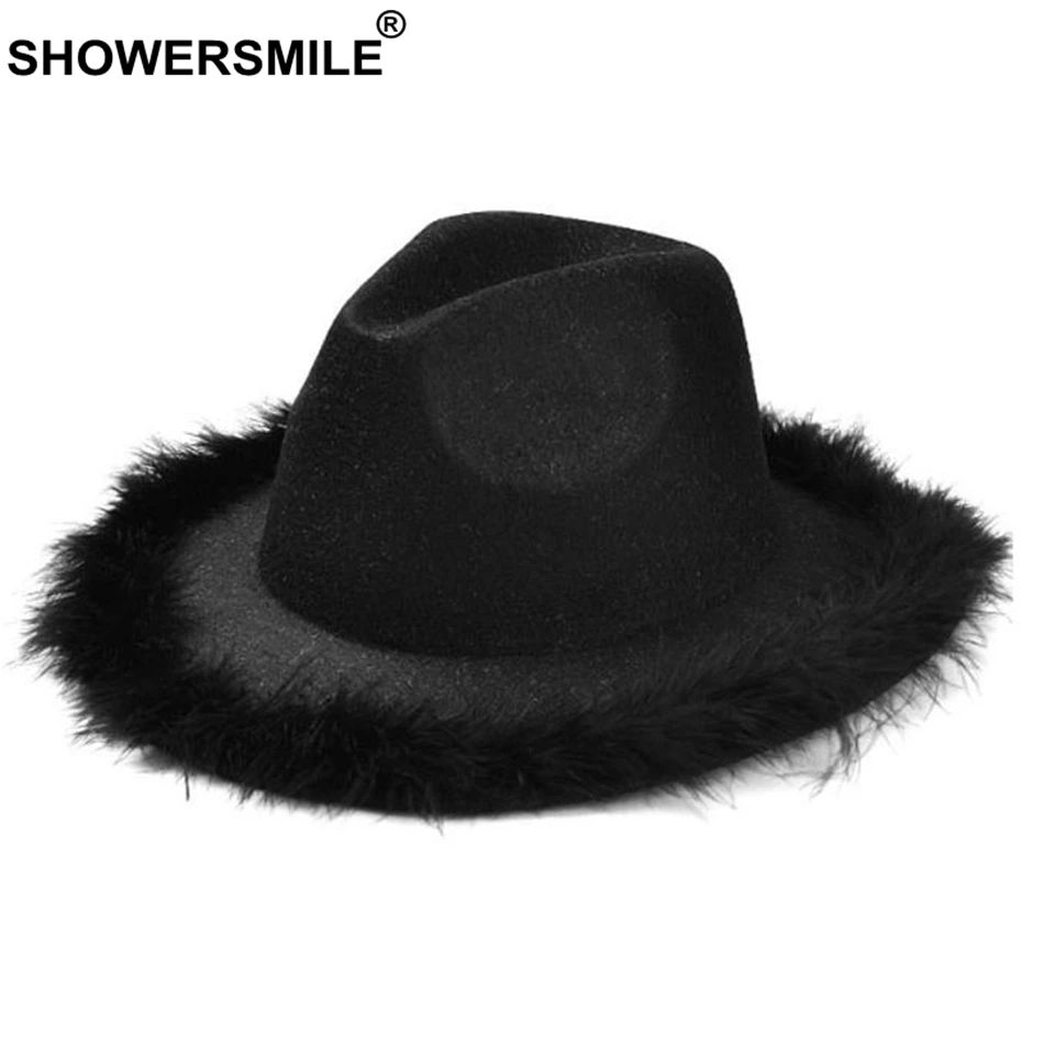 SHOWERSMILE серый Женская шляпа федора и головной повязкой с пером винтажное твидовое