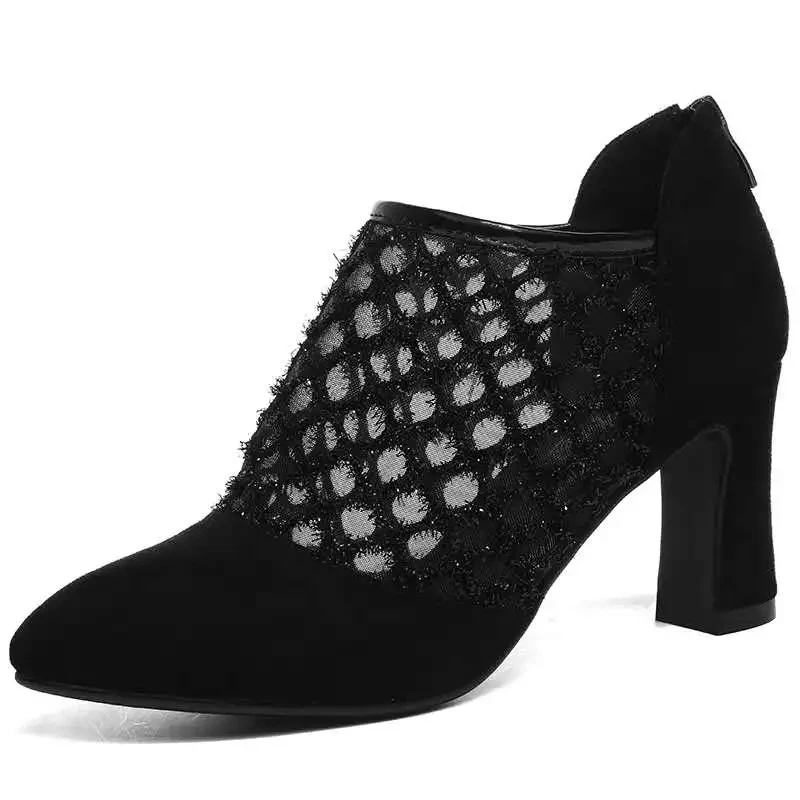 

High Quality Zip Thick High Heels Mesh Gauze Hollow Single Shoes Fashion Female Night Club Pumps