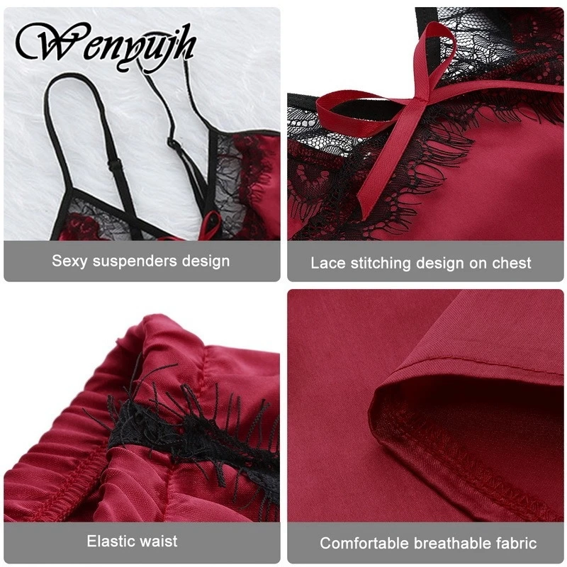 

WENYUJH Women's Sleepwear Sexy Satin Pajama Set White Lace V-Neck Pyjamas Sleeveless Cute Cami Top And Shorts Solid Nightwear