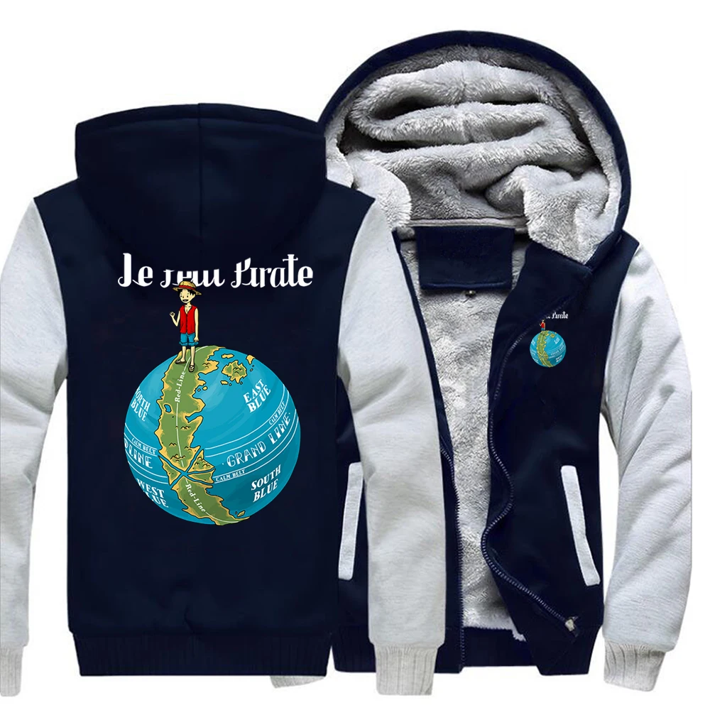 

One Piece Luffy Anime Funny Travel Around The World Coat Hoodie Jackets Winter Warm Thick Hoodie Top Men Fitted Gray Sweatshirt