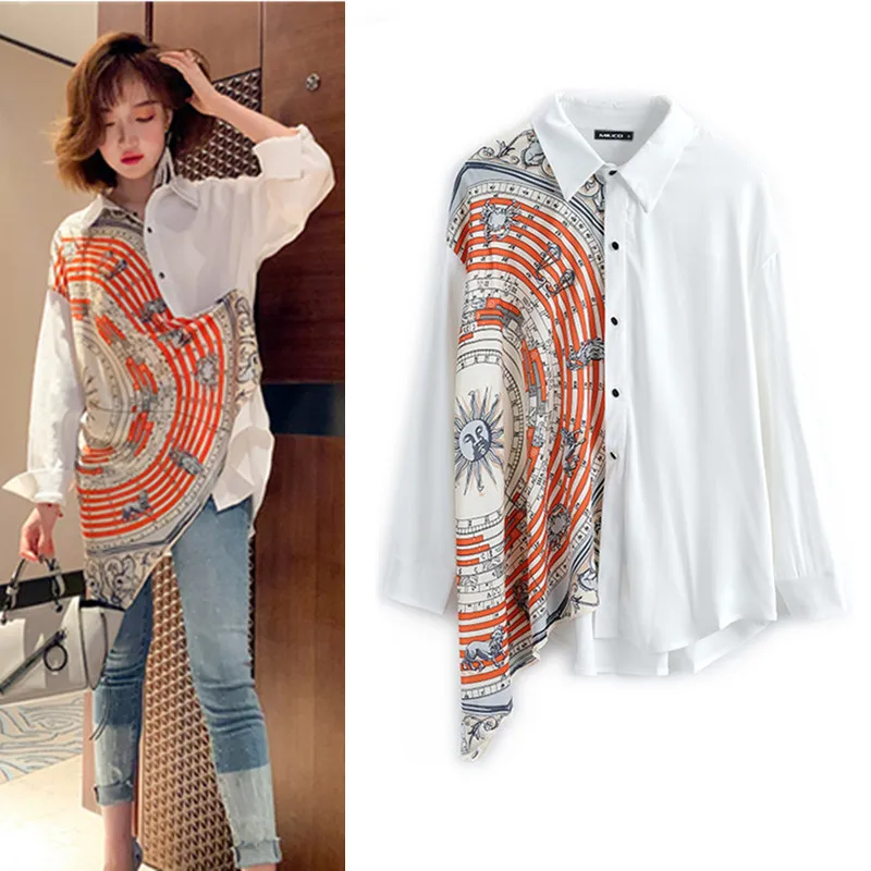 Oversized Women Blouse Shirts Designer Long Sleeve Spliced Print Blouses Casual Spring Party Shirts Tops Blousas Female NS616