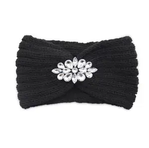 Модная цветная Зимняя повязка на голову с прозрачными кристаллами и цветами, эластичная повязка для волос, тёплый вязаный стразы, повязка на голову для женщин и девочек