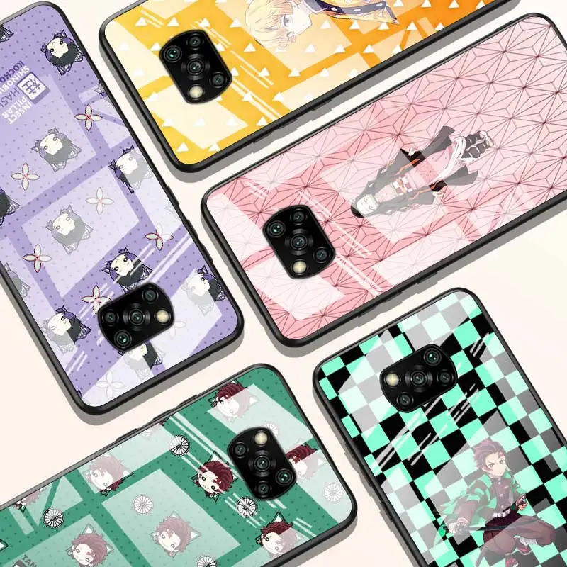 

Demon Slayer cute for Xiaomi POCO X3 NFC F3 M2 X2 F2 Redmi K30 Redmi Note 9 Pro Luxury Tempered Glass Phone Case Cover
