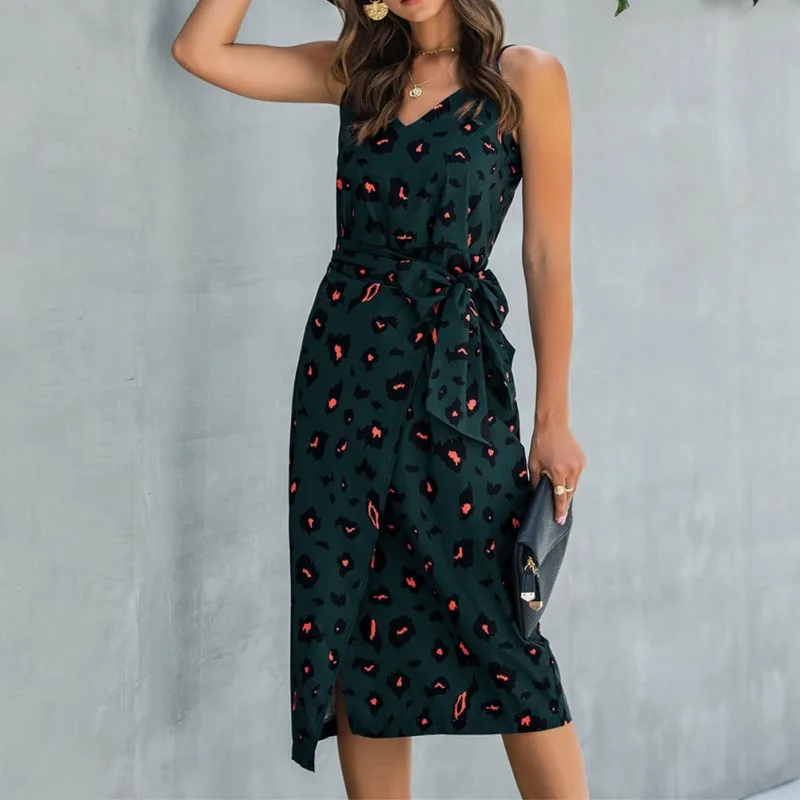 

Summer Fashion Print Suspenders V-neck Halter Lace Front Split Women Dress