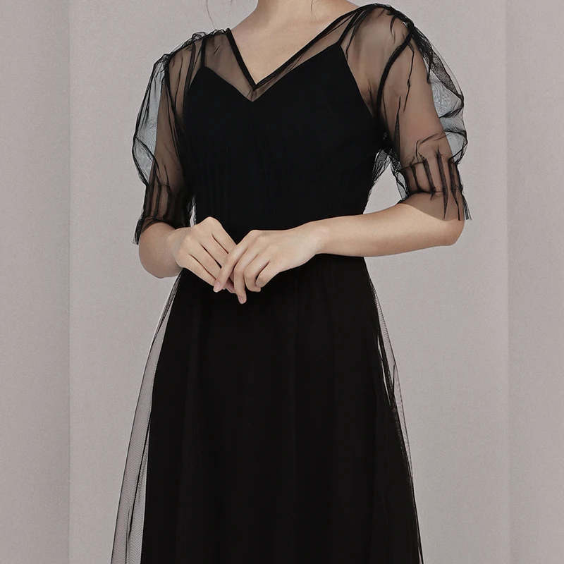 INDRESSME 2019 New Sexy Lace Mesh V Neckline A Line Little Black Dress Midi Party Vestidos Women Outfit | Женская одежда