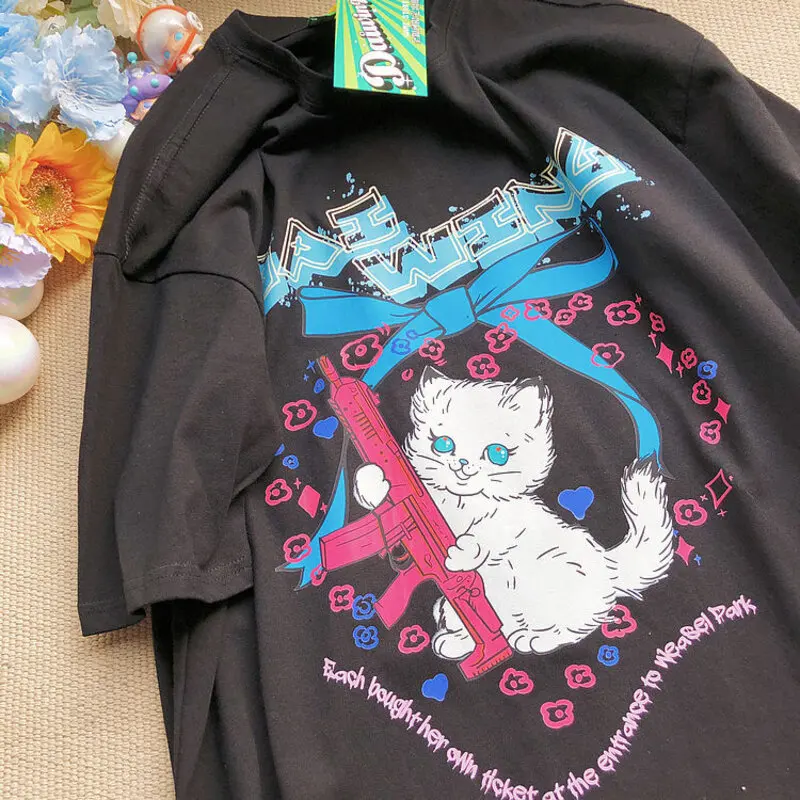 

New Ins Harajuku Plus Size Loose Top Tee Y2k T-shirt Summer Street Retrostyle T-shirt Women Cartoon Letter Print T-shirt 00028
