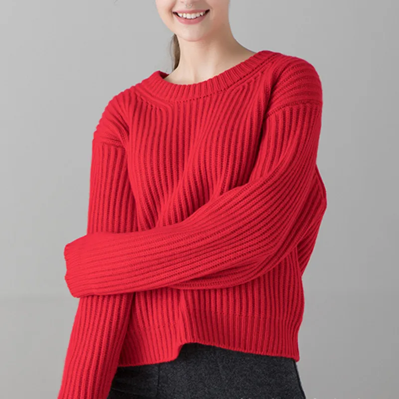 

Женский шерстяной вязаный свитер с круглым вырезом, модный однотонный джемпер с длинным рукавом на осень и зиму, Женский пуловер, топы
