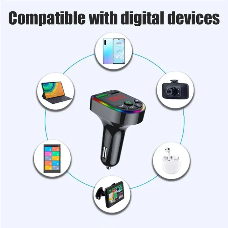 

F6 Wireless Bluetooth 5.0 FM Transmitter Car Kit with Colorful Atmosphere Lights Car MP3 Audio Music Player Dual USB Charger