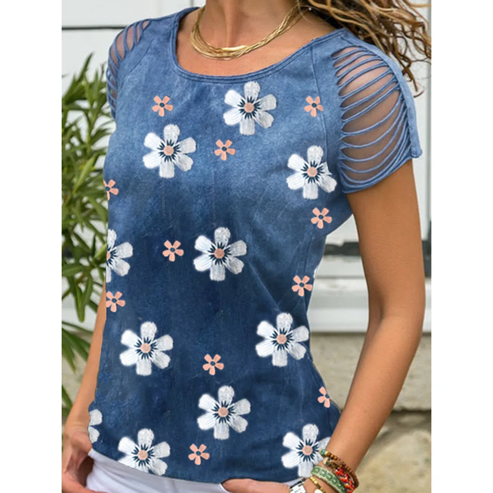 

round neck short-sleeved tops women casual T-shirts 2021 summer new style European and American printed