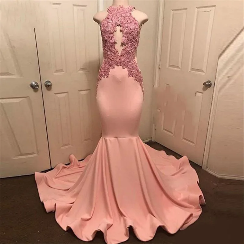 

Вечернее платье с лямкой на шее без рукавов Abiye, праздничное платье персиково-розового цвета с юбкой-годе, кружевное длинное платье для выпу...