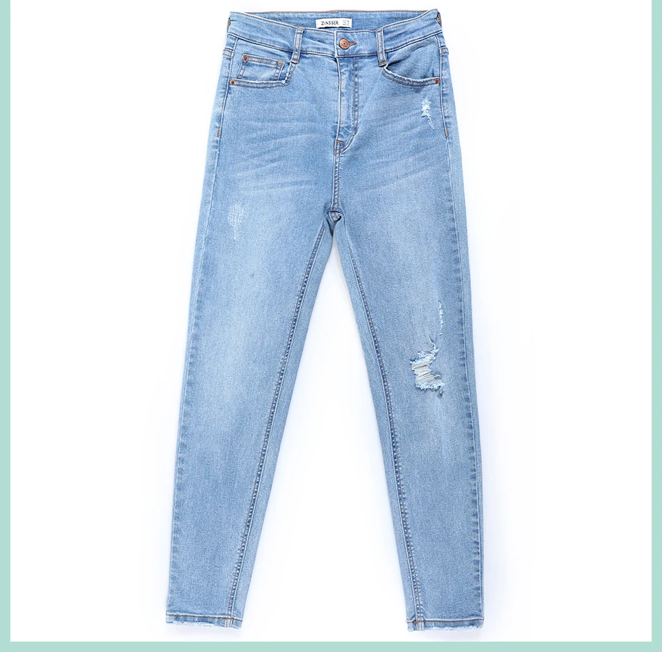 Autumn Winter Women Denim Skinny Pant Stretch High Waist Washed Blue Destroy/Rips Slim Elastic Lady Jeans