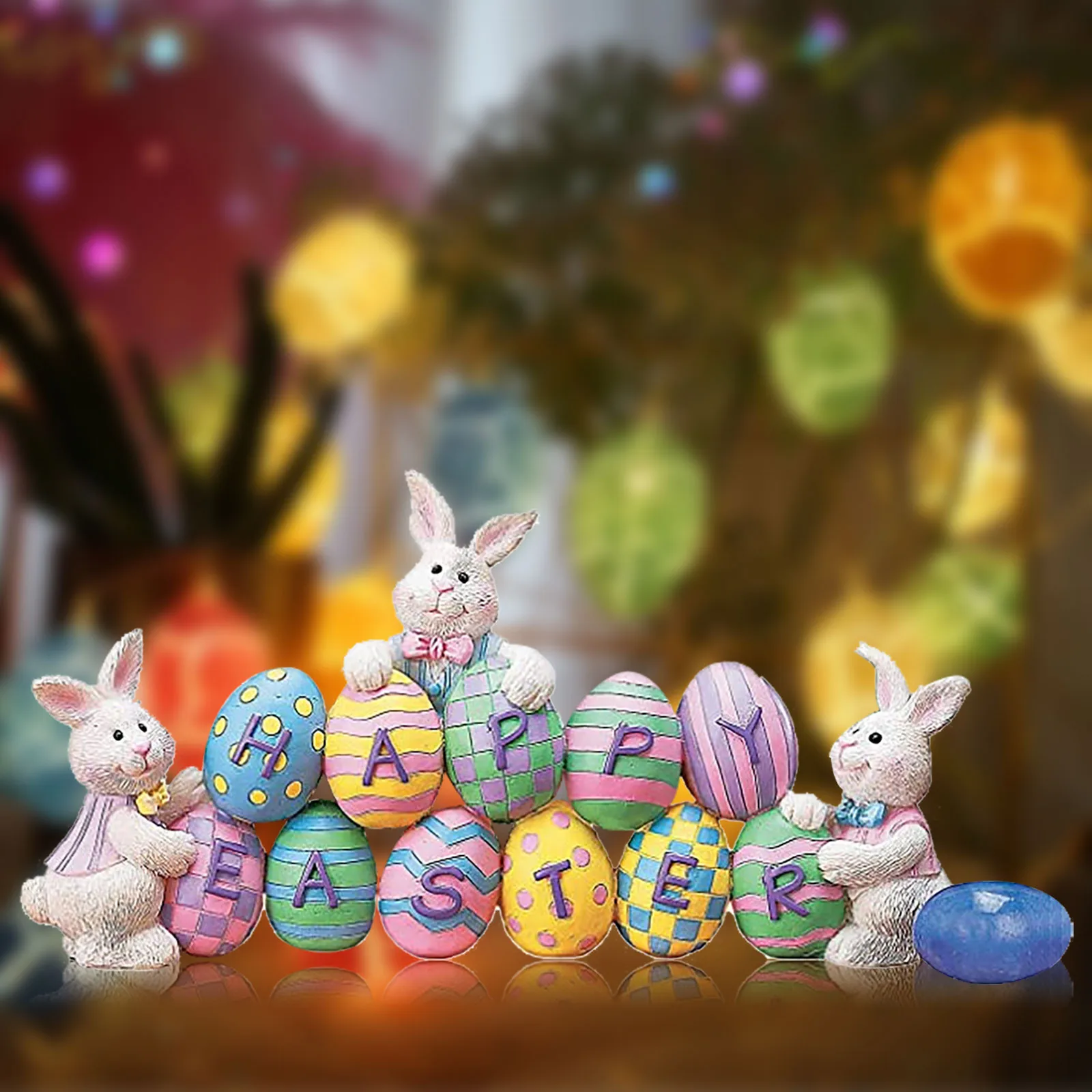 

New 2021 Easter Ornament Bunny Rabbit And Eggs Colorful Table Top Decoration Resin Ornaments Party Home Decoration Gift