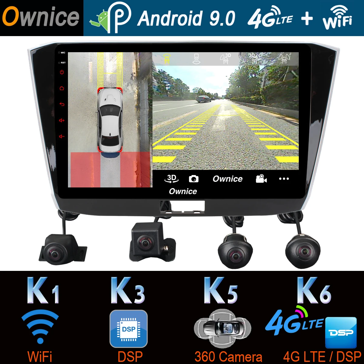 Автомобильный мультимедийный плеер 360 ° 4 × DVR AHD 4G LTE Wi Fi Android 9 0 8 ядер Гб + 64 ГБ DSP CarPlay