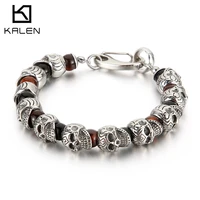 kalen punk skull charm bracelet men stainless steel 8mm natural stone beads beaded brecelets male gothic jewelry 2020