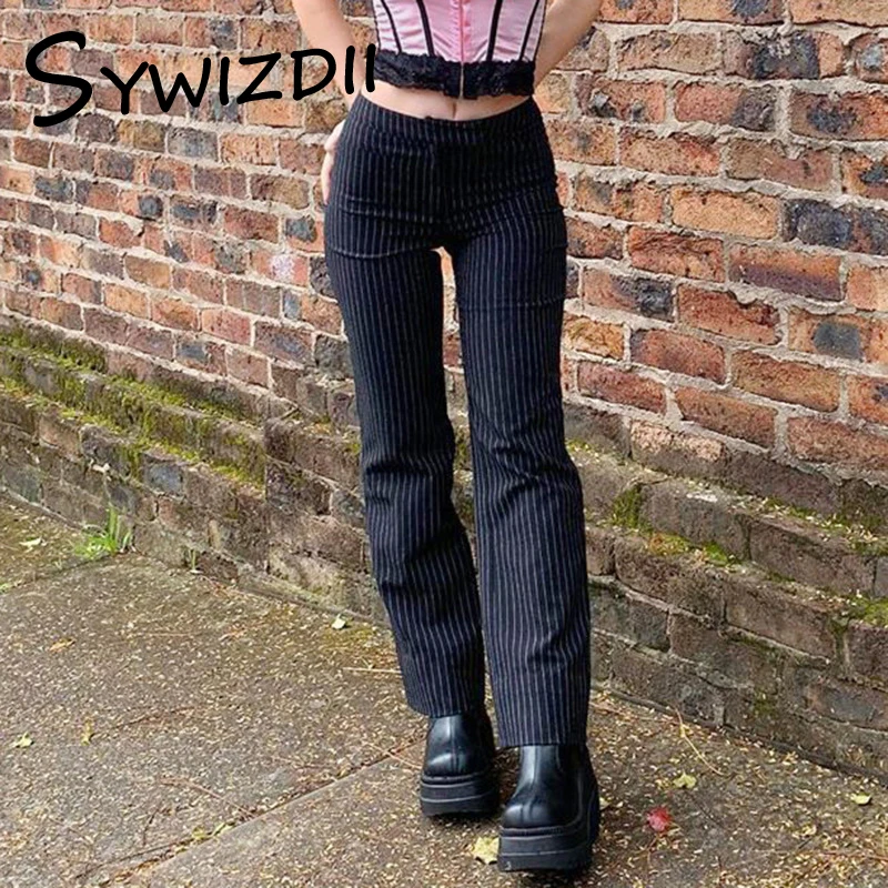 

Женские полосатые брюки SYWIZDII Y2k, готические Прямые спортивные брюки с высокой талией, модные брюки в Корейском стиле, винтажная уличная одеж...