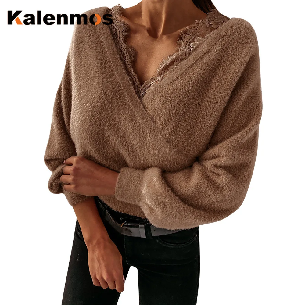 

Women Blouse V Neck Long Sleeve Solid Color Lace Autumn Spring Female Fashion Jumper Basic Soft Tops Blusas Mujer Streetwear