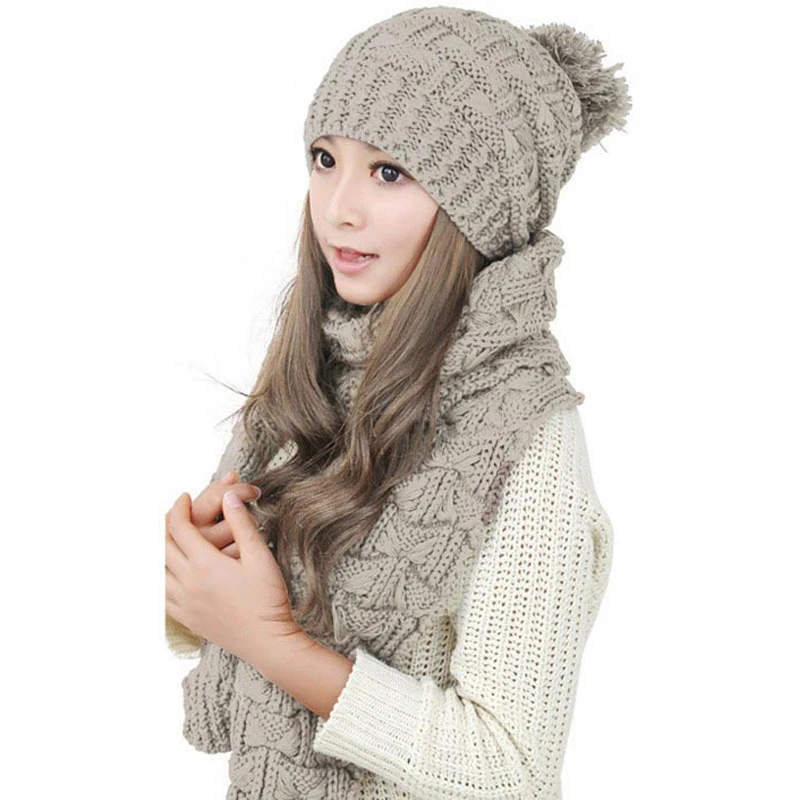 

Women's Winter Hat Scarf Set Wool Twist Knitted Hat Female Fur Pompom Hats For Women Lady Bonnet Thick Warm Ski Cap Scarf
