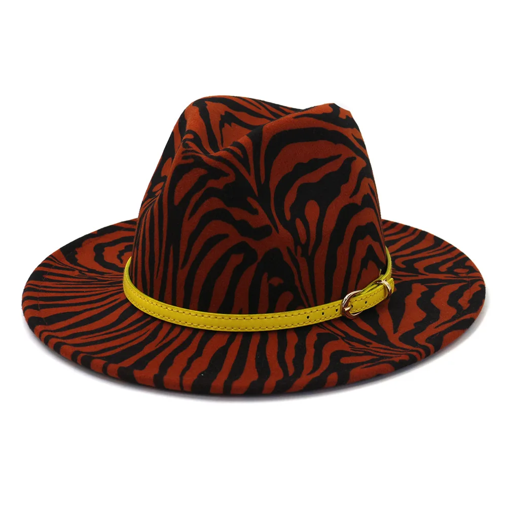 

ZLD Big brimmed men hat autumn and winter England round buckle yellow belt zebra pattern jazz women cap Fedoras hat