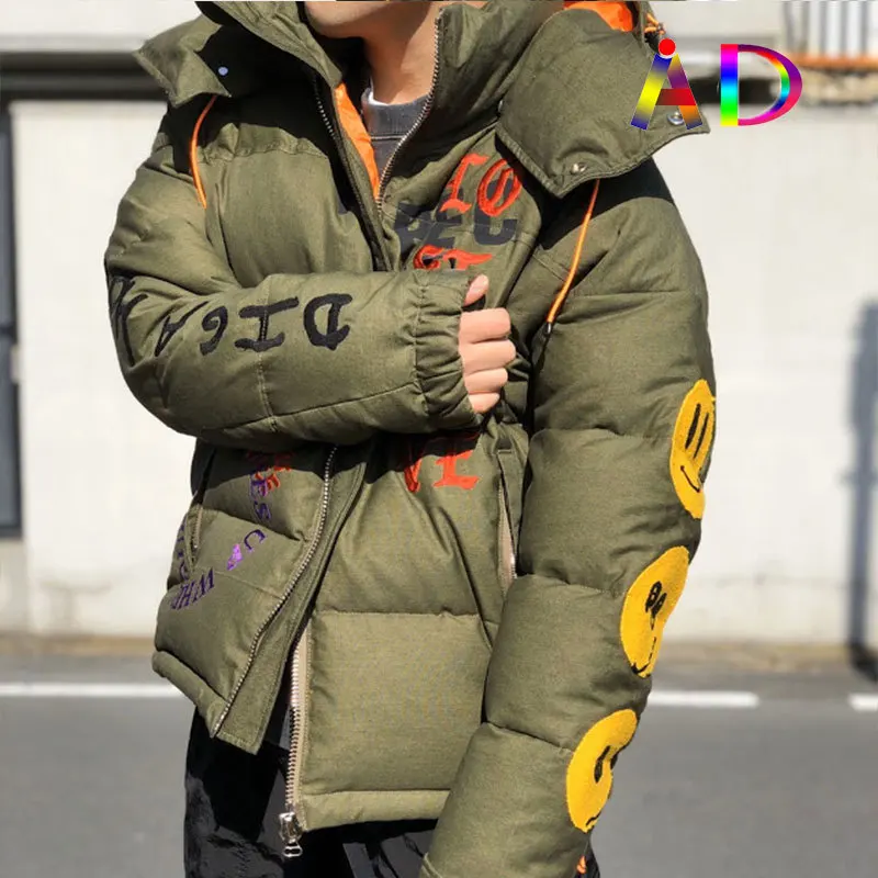 

Winter Coat Men Hip Hop Casual Embroidered Smiley Stand Collar Hooded Jacket Baseball Thickened Cotton-Padded Coat
