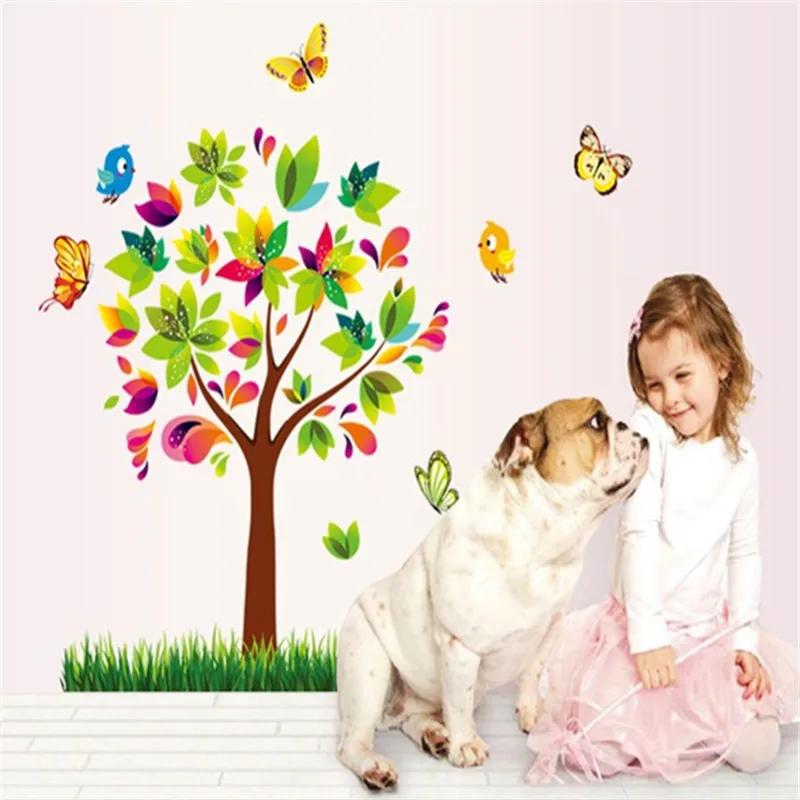 Красочные наклейки на стену с птицами бабочками цветами деревьями виниловые